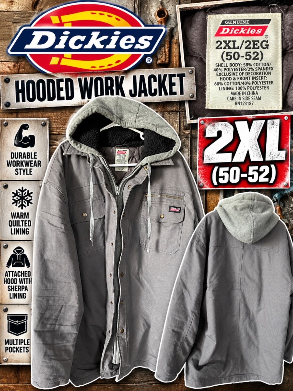 Dickies 2XL Hooded Work Jacket Sherpa Lined Gray Heavy Duty Utility Coat